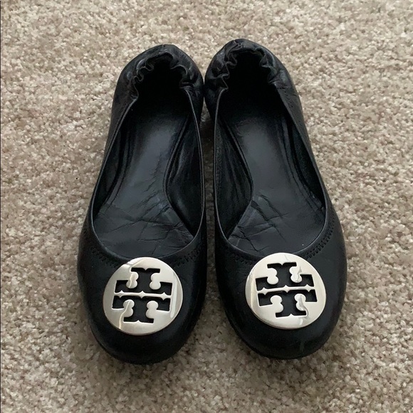 Tory Burch Black & Silver Reva Ballet Flats Size 8 - Picture 1 of 6